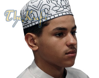 Islamic Embroidered White Orchid Pattern Pakistani Style Topi Tupi Muslim Fashion Cross-stitch Design Kufi Cap TheKufi® SHIPS FROM INDONESIA