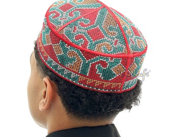 Pakistani Muslim Kufi Hats Dark Red, Turquoise Brown Embroidery Haji Alay Motif Design Rigid Round Islamic Prayer Cap