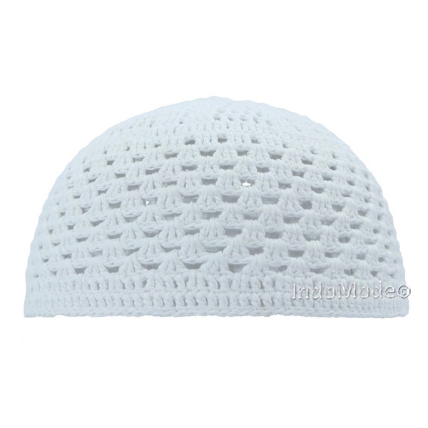 White Hand-crochet 100% Cotton Open Weave Vented Skull Cap Soft Comfortable Islamic Muslim High Quality Head Cover Foldable Travel Hat