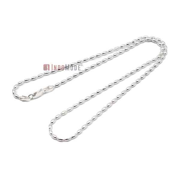 Sterling Silver Charleston "RICE BEAD" Necklace Sturdy Chain 2 x 3mm Oval Beads 230ga Lobster Clasp Made in ITALY Gift Boxed - Choose Length