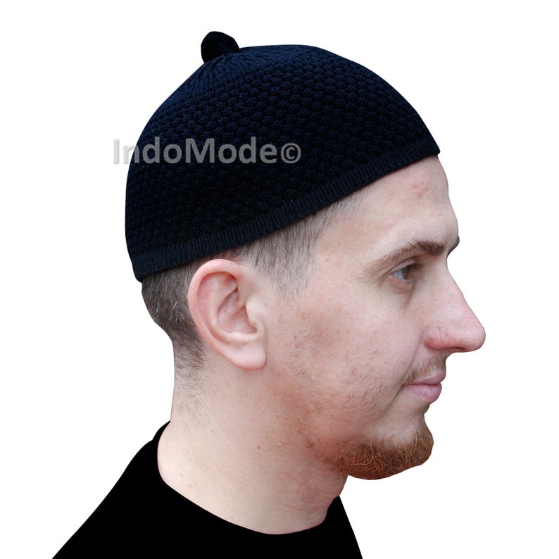 Black Turkish-style Warm Acrylic Woven Stretchy Beanie Hat with Pompom Free-size Med-Large 22-23-inch Winter MUSLIM PRAYER CAP by TheKufi® image 1