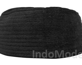 Black Semi-Rigid Handmade Soft Velveteen Kufi Hat Crown Takke Round Foldable Lined Turkish Islamic Sufi Muslim Prayer Beautiful Sturdy Cap