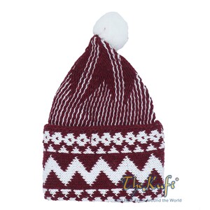 TheKufi® Maroon Blend Zigzag Beanie Kufi Hat With Pompom - One Size For Fall & Winter