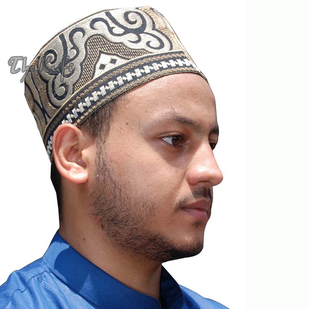 Tall Omani Arab Style African Kufi Hat Black Base and Brown & Silver