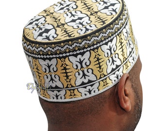 MUSLIM OMANI KUFI Hat - Golden-brown White Embroidered Butterfly Motif 4-inch Tall Islamic African Yemeni Kenyan Prayer Tupi Eid Gift