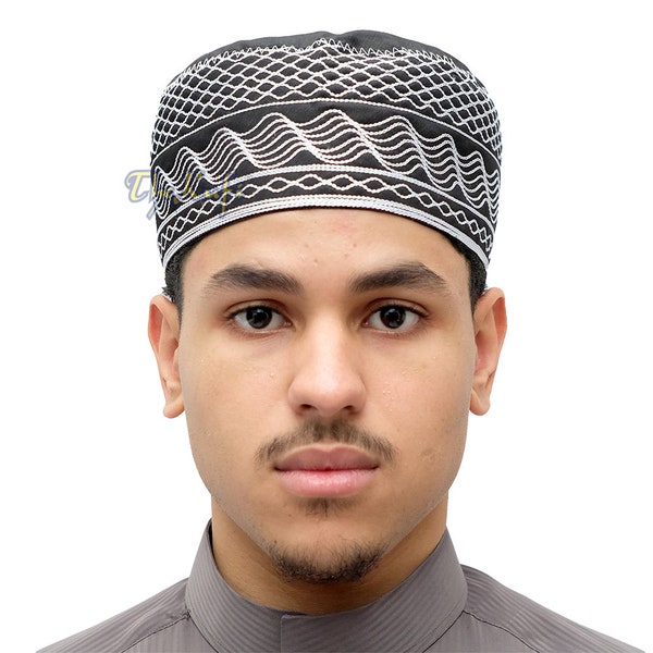 Black Fabric MUSLIM CAP - New Silver-white Embroidered 3-inch Tall "Madinah" Prayer Kufi Takke Kofia Hat Topi Islamic Fashion XS to 4XS