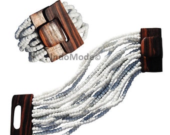 White Beaded Bracelet | Handcrafted Ethnic 2mm Glass Beads From 14-strand Elastic Stretch with Wooden Clasp Gift Boxed from BALI, INDONESIA