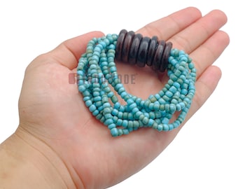 Beaded BALI Bracelet – Turquoise Handcrafted 10-Strand Elastic Stretchy Women's Jewelry with Wood Rings Size 6.5-7.5 inch with GIFT BOX