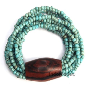 Rustic Turquoise Beaded 11-Strand Stretchable Traditional Unique Bracelet with Natural Original Wooden Large Oval Bead GIFT BOXED