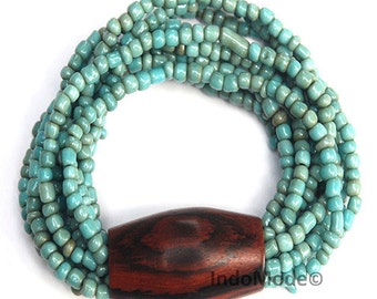 Rustic Turquoise Beaded 11-Strand Stretchable Traditional Unique Bracelet with Natural Original Wooden Large Oval Bead GIFT BOXED