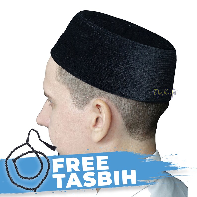 Black Rigid Velvet Round Kufi Sufi Turkish Chechen Unique Style Soft Crown Prayer Cap Formal & Everyday Use Handcrafted Fashion Muslim Hat image 2