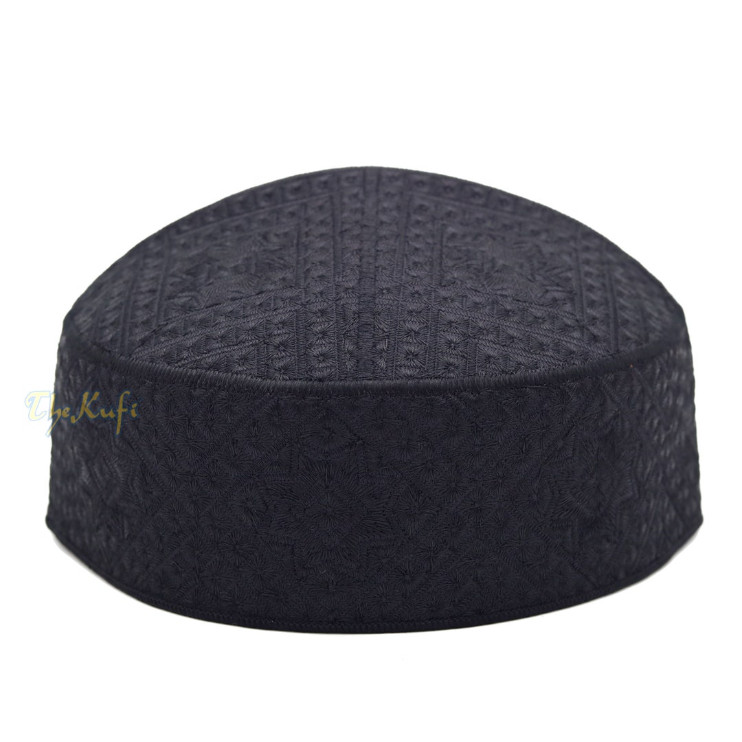 Pakistani Muslim Kufi Hats Black Intricate Embroidery Diamond Motif