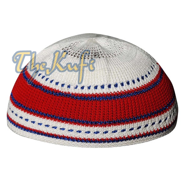 Red Blue Cream Cotton Stretch-knit Kufi - Comfortable Fit - Unique Colorful Double Layer Woven Design Top Vented Loose-knit Islamic Hat