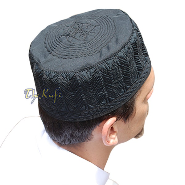 Black Fabric MUSLIM CAP - New Embroidered 3-inch Tall "MADINAH" Prayer Kufi Takke Kofia Hat Topi Islamic Fashion Sizes: Xs to 4s by TheKufi®