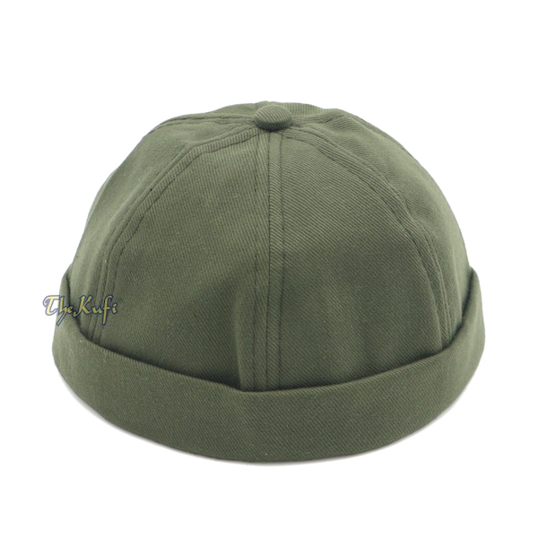 Docker Cap Army Green Color adjustable Strap & Velcro Unique Kufi Brimless Baseball Cap Islamic Prayer Hat - ALL SIZE Cotton Twill Gabardine