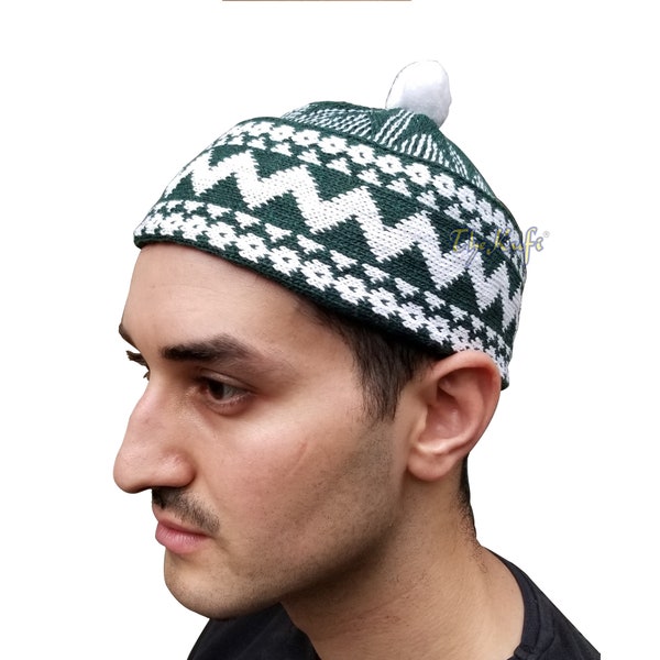 Dark Green Zigzag Beanie Kufi Hat with Pompom Top For Cold or Cool Weather Men & Boys Sizes MUSLIM FASHION Winter Hat Islamic by TheKufi®