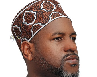 Tall Brown White Omani-style African Kenyan MUSLIM KUFI HAT 4-inch Embroidered Minar Arabesque Motif Black Base Prayer Cap Tupi Eid Gift