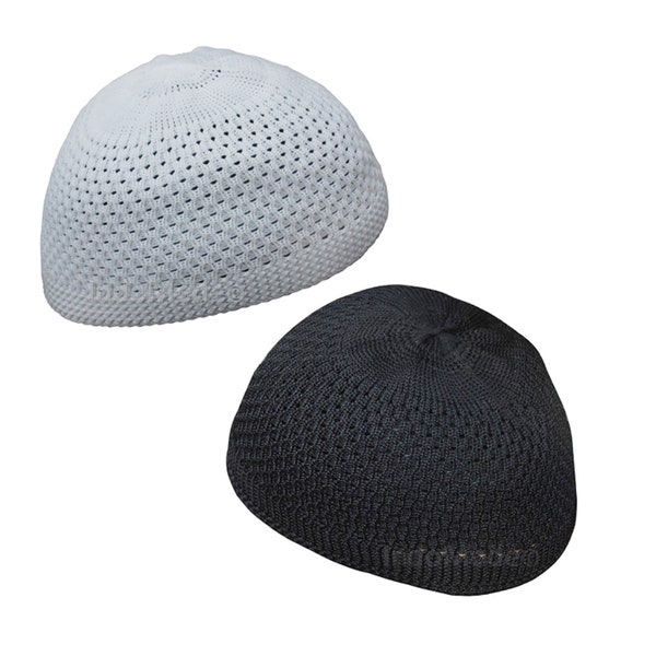 Bonnets de prière kufi en nylon noir et blanc - Lot de 2 bonnets de prière kufi extensibles Skullie Topi par TheKufi® (choisir de la taille XS à 4X)