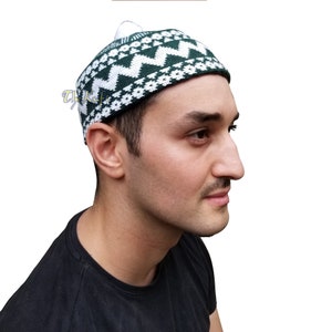 Dark Green Zigzag Beanie Kufi Hat with Pompom Top For Cold or Cool Weather Men & Boys Sizes MUSLIM FASHION Winter Hat Islamic by TheKufi® image 4