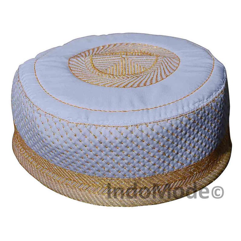 EID SPECIAL White Gold Embroidery Kufi Hat Metallic Gold-tone Embroidered Padded & Quilted Soft African Crown Skull Cap Muslim Fashion image 3