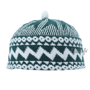 Dark Green Zigzag Beanie Kufi Hat with Pompom Top For Cold or Cool Weather Men & Boys Sizes MUSLIM FASHION Winter Hat Islamic by TheKufi® image 9