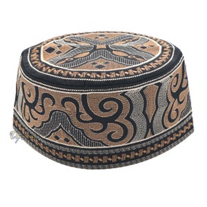 Omani Style Arab Kufi Hat Black Base with Silver Brown Cloud Embroidery Islamic LIMITED EDITION Sturdy Handmade Rigid Round Unique Hat