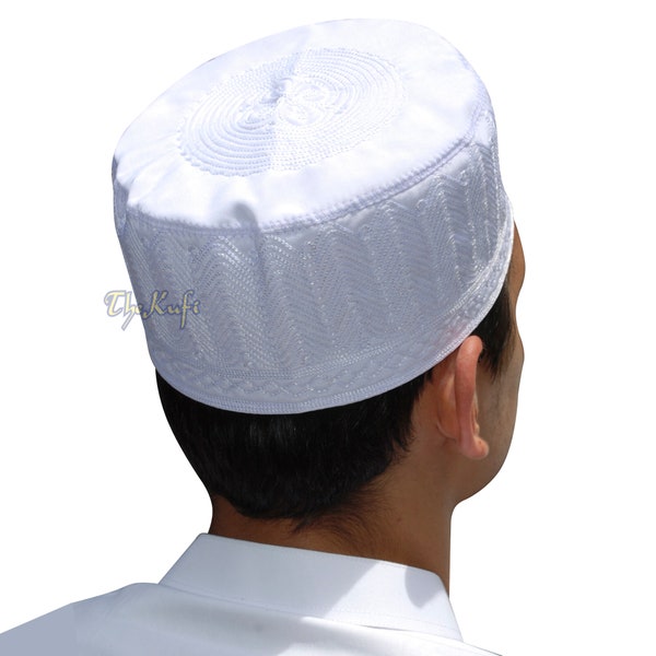 Lot of 12 WHITE MUSLIM KUFI - "Madinah" Hat Embroidered Double-layer Fabiric 3-3.5-Inch Islamic Attire Kufi Takke Kofia Cap Topi Taqiya