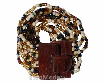 Mixed Multicoled Bone White, Chrome, Brown Glass Beaded 14-strand Stretch Bracelet Bali Wooden Clasp - SHIP FROM INDONESIA