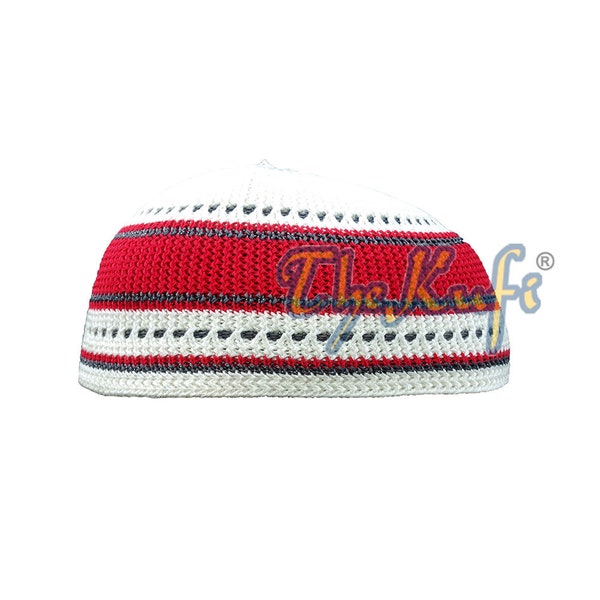 Red Grey Cream Cotton Stretch-knit Kufi - Comfortable Fit - Unique Colorful Double Layer Woven Design Top Vented Loose-knit Islamic Hat