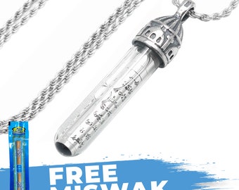 Ayatul-kursi Zamzam Water Glass Vial Islamic Pendant Mosque Top St. Silver Tube Core 4.5-cmx1-cm (1.5 x .5 inch) WITHOUT Chain - FREE MISWAK