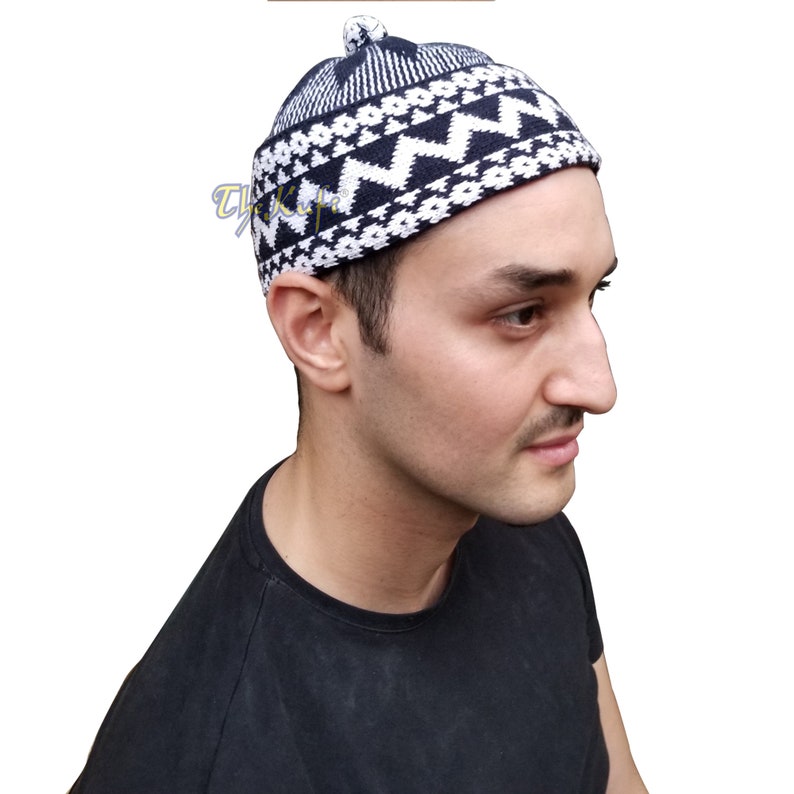 Cotton-blend Zigzag Beanie Kufi Hat Indigo Blue Pom-pom Top | Etsy