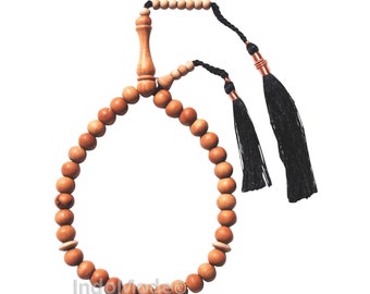 Sandalwood Muslim Prayer Beads - Small ISLAMIC Tasbih Sibha Misbaha - 33 8mm Beads with 2 Black Copper-decorated Nylon Tassels in GIFT BOX