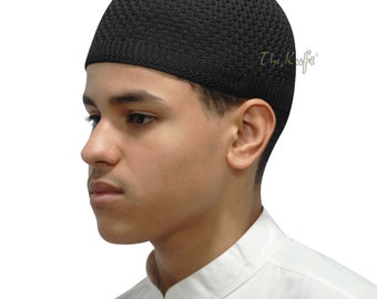 Black Nylon Kufi Skull Cap Open-weave Knit Stretchy Headcover Hat Muslim Prayer Skullie Takke Topi Beanie XS up to 4X Sizes FREE MISWAK