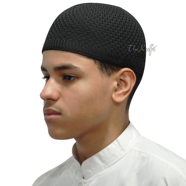 Black Nylon Kufi Skull Cap Open-weave Knit Stretchy Headcover Hat Muslim Prayer Skullie Takke Topi Beanie XS up to 4X Sizes FREE MISWAK