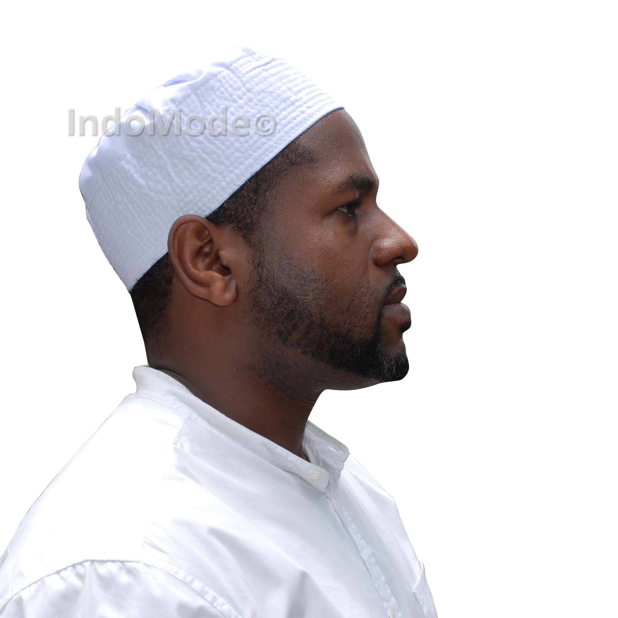 White MUSLIM PRAYER CAP Pleated-top Solid Color Plain Fabric Skull