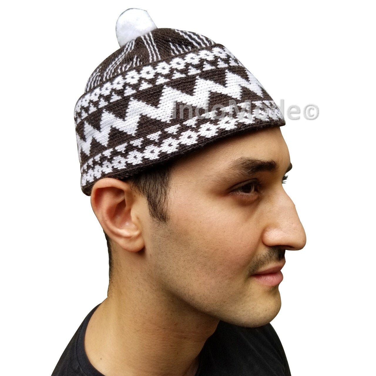 Dark Brown Zigzag Beanie Kufi Hat With 