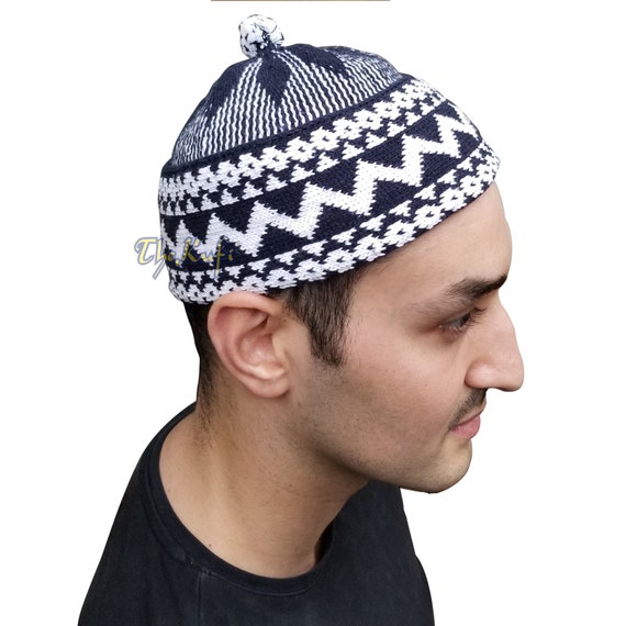 Cotton-blend Zigzag Beanie Kufi Hat Indigo Blue Pom-pom Top Turkish Winter  Cap MUSLIM FASHION African Style Hat for Cold Weather CHOOSE Size 