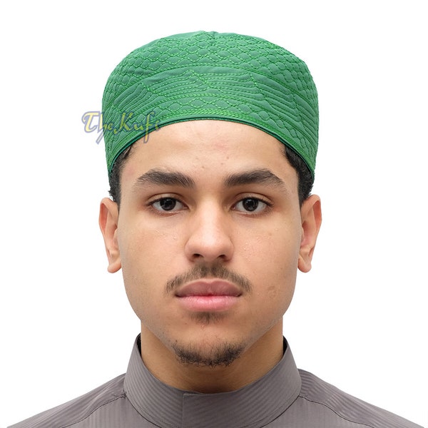 Medina Green MUSLIM KUFI - "Madinah" Hat Embroidered Double-layer Fabiric 3-3.5-Inch Islamic Attire Kufi Takke Kofia Cap Topi Taqiya