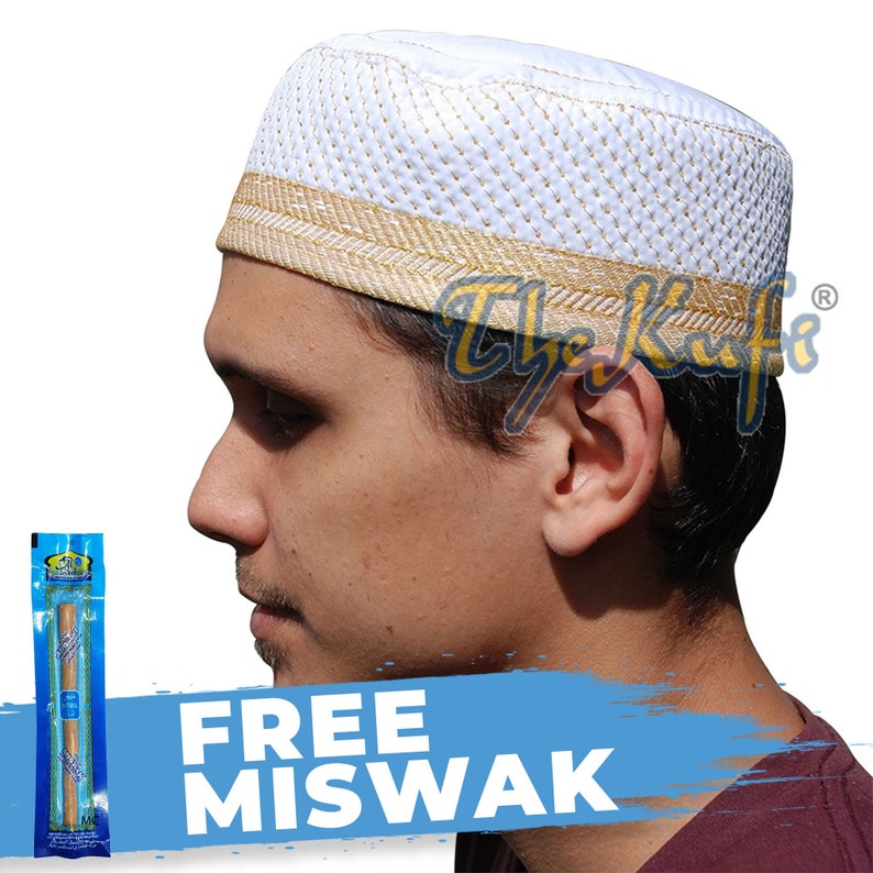 EID SPECIAL White Gold Embroidery Kufi Hat Metallic Gold-tone Embroidered Padded & Quilted Soft African Crown Skull Cap Muslim Fashion image 1