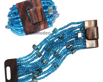 Beaded Bracelet with Mother-of-Pearl 2-3mm Glass Beads Hand-made Translucent Blue 14 Elastic Strand Adjustable Wood Buckle Clasp GIFT BOXED