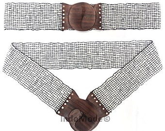 Women's Belt - White One-size Glass Beaded Multi-strand Stretch Cinch Traditional Blouse Belt with Hard Wood Buckle Clasp Gift Boxed