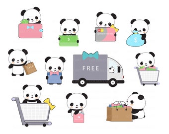 Cute Pandas Clip Art, Panda Clip Art, Panda Shopping, Cute Panda Clipart, Kawaii Panda, Kawaii Clipart, Kawaii Shopping, Shopping Clip Art