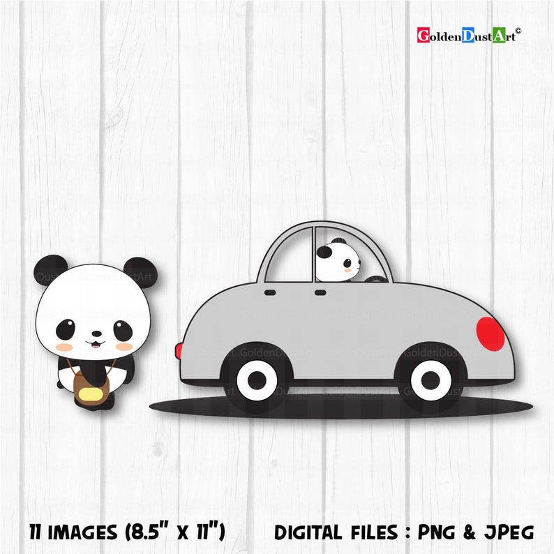 May include: Two digital images of a black and white panda bear. One image shows the panda holding a brown bag. The other image shows the panda driving a gray car with black wheels.