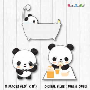 May include: Set of three digital illustrations featuring a cute cartoon panda bear. The panda is shown taking a bath, eating breakfast, and getting ready for the day. The illustrations are in black and white with a touch of color.