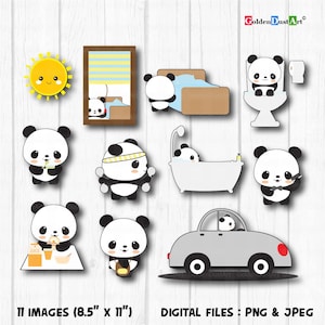 May include: Eleven digital illustrations of a cute panda bear in various activities, including exercising, eating, driving a car, taking a bath, and using the toilet. The illustrations are in a cartoon style and are perfect for use in digital scrapbooking, card making, and other craft projects.