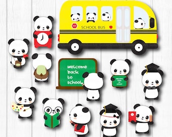 Panda Back To School, Back To School Clip Art, School Supplies Clipart, Kawaii Back To School