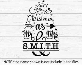 May include: Black and white graphic design of a Christmas tree with the text "our first Christmas as Mr & Mrs SMITH"