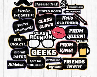 May include: A set of 43 printable photo booth props for a class reunion. The props feature phrases like "Class Clown", "Still Crazy", "Did We Date?", "Athletes", "Geeks", "Friends Forever", "Prom King", "Prom Queen", and "Here for the Gossip".