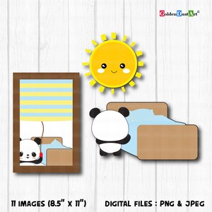 May include: A digital illustration set of 11 images featuring a cute panda bear in a bedroom setting. The set includes a panda bear getting into bed, a panda bear sleeping in bed, a window with a striped curtain, and a smiling sun.
