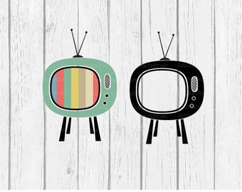 May include: Two retro television illustrations. One is mint green with a colorful screen, the other is black and white. Both have antennas and stand on black legs. The text "2SVG, 2PNG, 2DXF, 2EPS GoldenDust Art" is at the bottom.